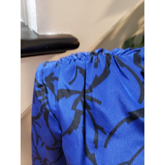 Vintage Caron Chicago Sheath Dress S Blue Patterned Cowl Neck Tie Waist Back Zip - Picture 11 of 12